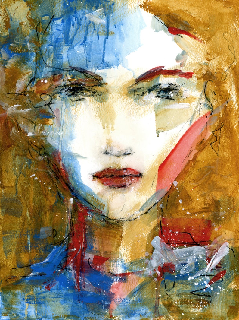 Expressive Portrait of a Woman Female Fine Art Painting Contemporary Style One of a Kind Expressionist Art 12x16 Ready to Frame image 1