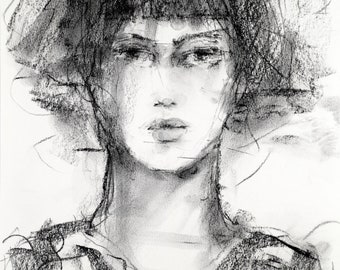 Expressive Female Portrait Drawing - Loose Style Charcoal Portrait - Unique Art - Art Gifts - 9x12 - Ready to Frame - Original Art Drawing