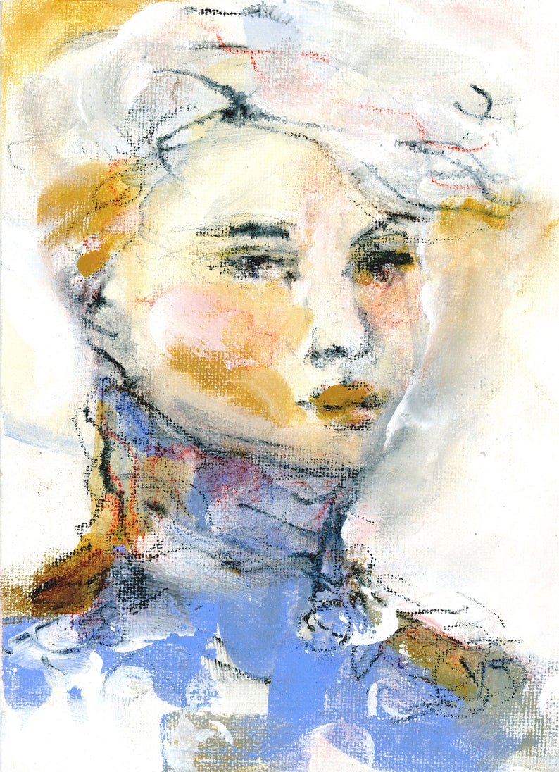 Original Mixed Media Painting Woman 5x7 on canvas Original Art Blue Gold Expressive Kunst Art Ready to Frame Female Portrait Art image 3