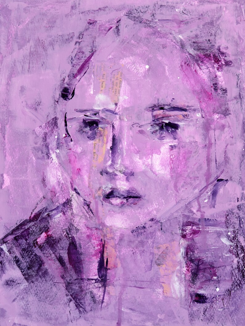 Expressive Female Portrait Painting Mixed Media Female Face Etsy