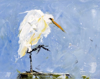 Expressive Oil Painting of White Egret on Blue - Expressive Critters and Birds - Daily Painting - Pop of Color - Daily Painter - Blue
