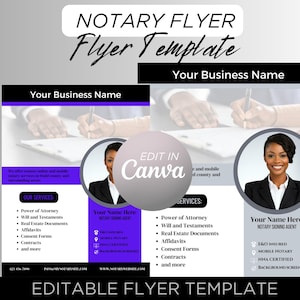 Puede incluir: Plantilla de folleto editable para un negocio de notario. El folleto presenta un esquema de color morado y gris con una foto de una mujer sonriendo. El texto en el folleto incluye "Notary Flyer", "Your Business Name", "Edit in Canva" y "Our Services".