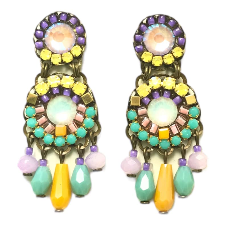 May include: A pair of dangle earrings with a multi-coloured beaded design. The earrings feature a round, iridescent centre surrounded by yellow, purple, and turquoise beads. The earrings are accented with a yellow teardrop bead and a turquoise teardrop bead.