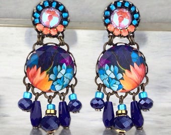 Small Blue Lotus Crystal Earrings