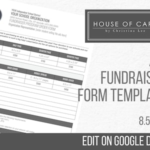 Peut inclure: Modèle de formulaire de collecte de fonds publicitaire, 21,6 x 27,9 cm, avec un logo scolaire et la marque "House of Carp". Le formulaire comprend des options pour les publicités pleine page, demi-page et quart de page, ainsi que des options publicitaires spéciales. Le texte "Edit on Google Docs" est également visible.