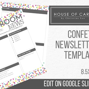 Puede incluir: Una plantilla imprimible para un boletín informativo de clase con un diseño de confeti. La plantilla mide 8,5 por 11 pulgadas y se puede editar en Google Slides. El texto de la plantilla dice "Classroom News" y "Confetti Newsletter Template".