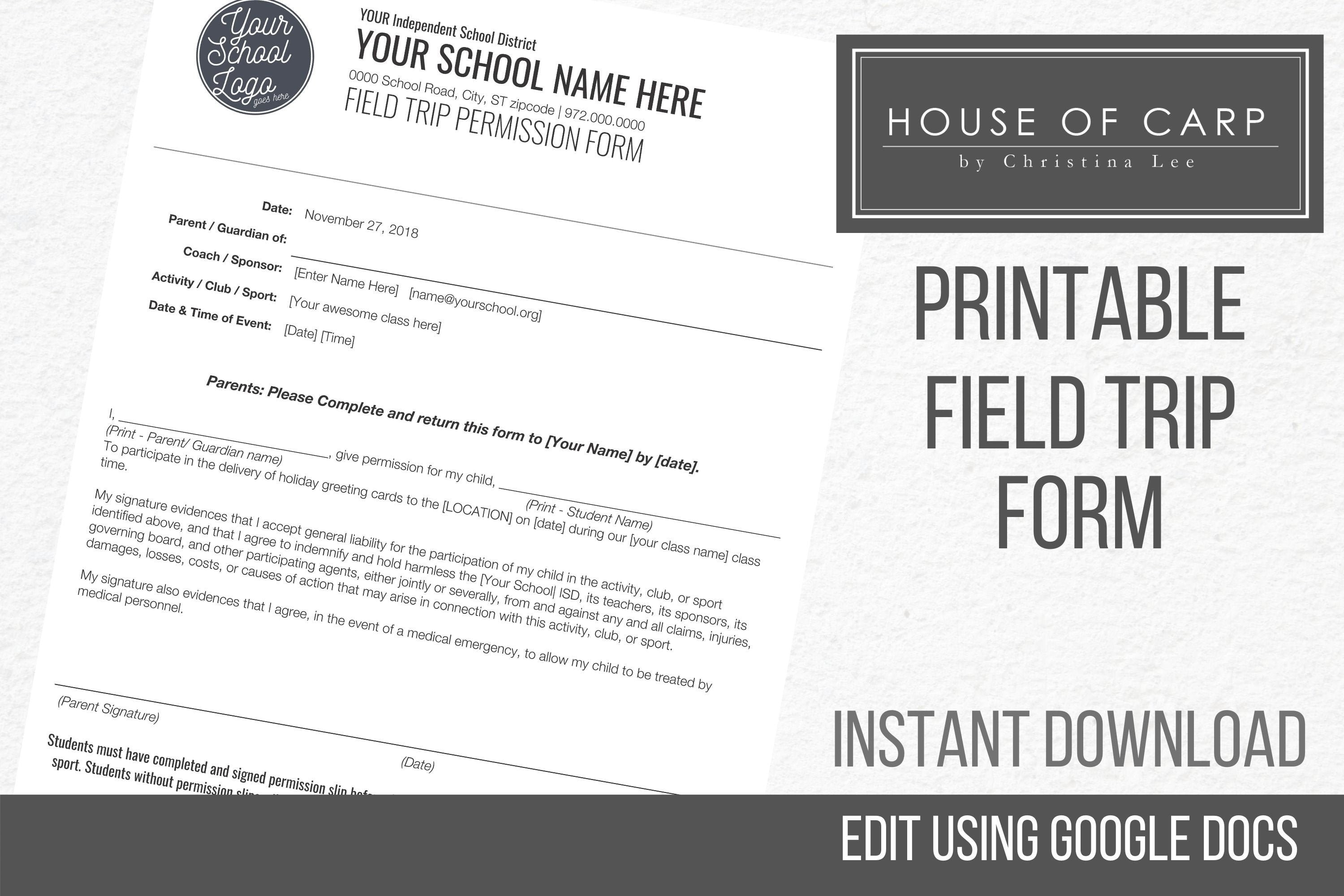 INSTANT DOWNLOAD Field Trip Permission Form Using Google Docs, Teacher Printables, Field Trip
