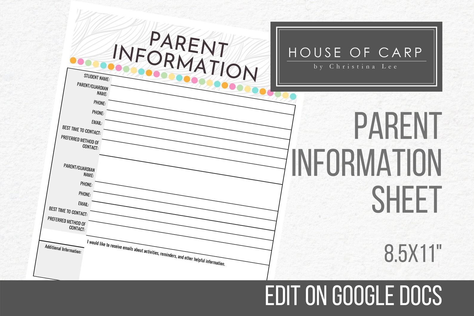 INSTANT DOWNLOAD Parent Information Sheet Using Google Docs Etsy