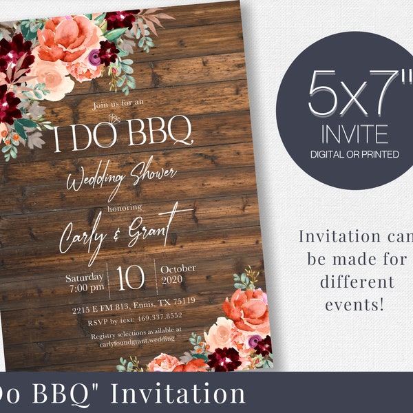 I DO BBQ Invitation, Rustic Floral Invitation, Rustic Engagement Party