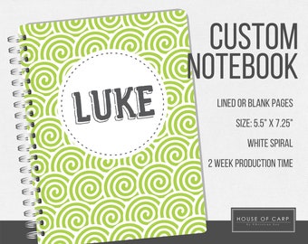 Custom Notebook for Children in Green Spirals Personalized Notebook for Kids Gifts