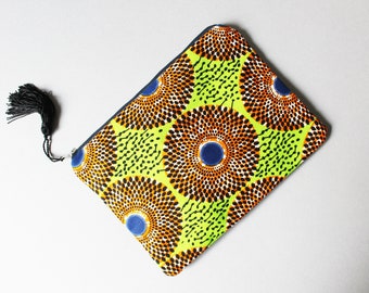 African Print Zipper Pouch with Tassel Puller, Ankara fabric, African, Green Bag, Clutch Bag, African Cloth, Wax Print, African Wax Bag.