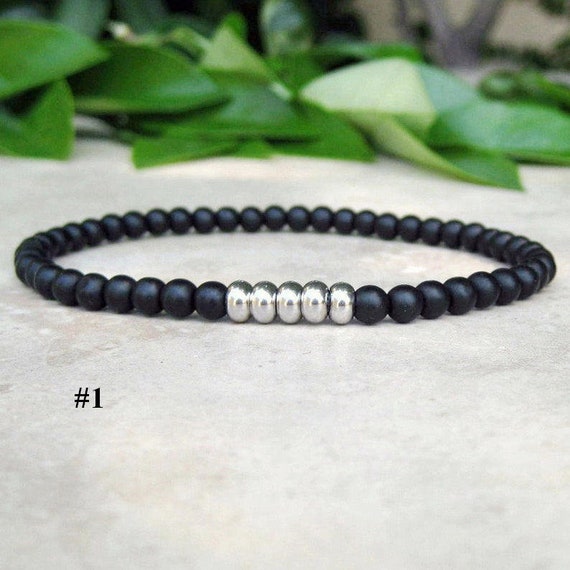Male Bracelet Set 4mm Black Onyx Slim Bracelets, Men's