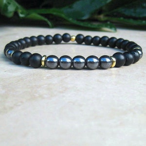 Mala Bracelet Matte Black Onyx & Hematite Gemstone Bracelet, Slim 6mm Healing Mala Bracelet, Thin Stretch Tibetan Jewelry, Men Woman