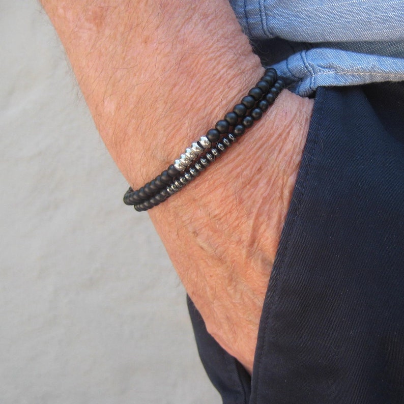 Male Bracelet Set 4mm Black Onyx Slim Bracelets Men's Etsy