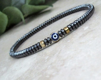 Evil Eye Bracelet Hematite Mala Grounding Bracelet, 4mm Slim Healing Bracelet, Thin Calming Stress Bracelet, Tibetan Jewelry, Men's Women's