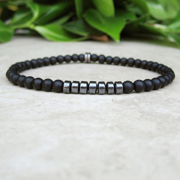 Men's Bracelet Calming 4mm Black Onyx & Hematite Slim Bracelet, Healing Yoga Strength Minimalist Anti Stress Bracelet, Male Tibetan Jewelry