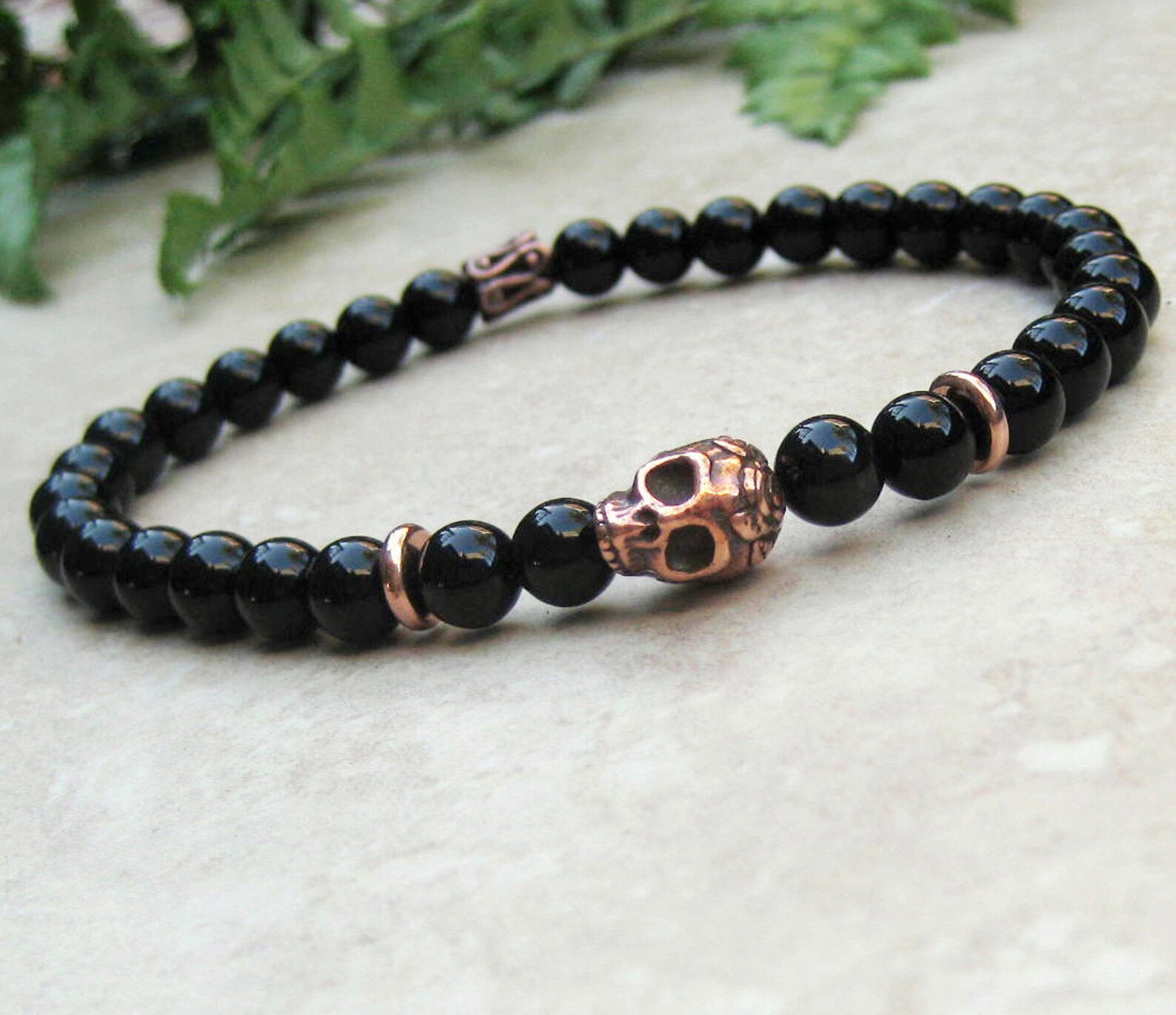 Men's Skull Bracelet Black Onyx Beaded Bracelet Copper Etsy
