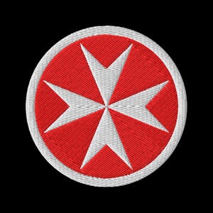 May include: A white Maltese cross on a red circular background. The cross is embroidered with white thread on a red fabric background.