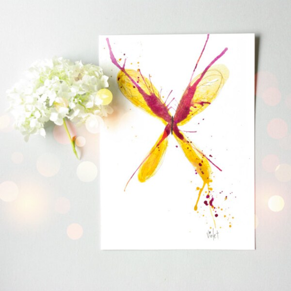 Butterfly Watercolour Painting - Small Original Art - Burgundy and yellow