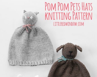 Könnte beinhalten: Drei gestrickte Mützen mit Tiergesichtern. Eine graue Katzenmütze, eine braune Hundemütze und eine weiße Hasenmütze. Pom Pom Pets Hats Knitting Pattern. littleredwindow.com