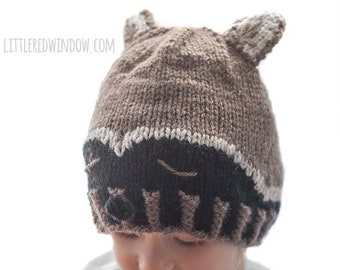 Sleepy Raccoon Hat KNITTING PATTERN / Raccoon Pattern / Woodland Baby Hat / Winter Animal Hat / Raccoon Costume / Raccoon Beanie /