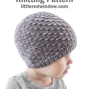 May include: A gray knitted hat with a textured stitch pattern. The hat is called "Elm Grain Stitch Hat Knitting Pattern" and the website is "littleredwindow.com".