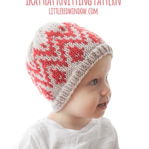 May include: A child wearing a knitted hat with a red and white ikat pattern. The hat is titled "Ikat Hat Knitting Pattern" and the website "littleredwindow.com" is displayed.
