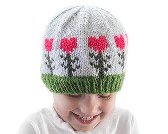 Heart Flowers Hat KNITTING PATTERN / Heart Hat Pattern / Valentine Flowers Pattern / Valentines Day Knitting pattern