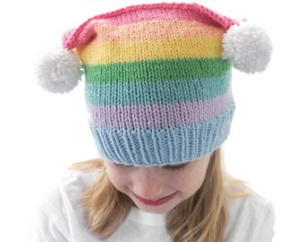 Rainbow Stripe Double Pom Pom Hat KNITTING PATTERN / RAinbow Hat Pattern / Rainbow Knitting Pattern / Striped Rainbow Hat Knitting Pattern