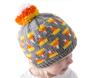 Cozy Candy Corn Hat KNITTING PATTERN / Pom Pom Hat Pattern / Candy Corn Pattern / Baby Halloween Hat Pattern