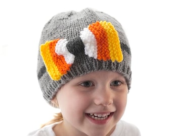 Candy Corn Bow Hat KNITTING PATTERN / Halloween Baby Hat Knitting Pattern  / Candy Corn Pattern / Knit Candy Corn Hat
