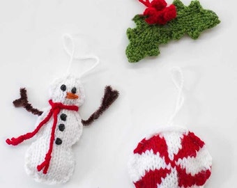 Winter Ornament Set KNITTING PATTERN / Knit Snowman Pattern / Knit Holly Pattern / Knit Candy Cane Pattern / Ornament Knitting Pattern