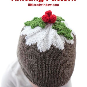 May include: A knitted hat in the shape of a figgy pudding, with a brown base, white top, and green holly leaves with red berries. The text "Figgy Pudding Hat Knitting Pattern" is displayed in red.