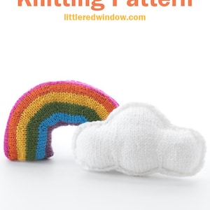 May include: A knitted rainbow and cloud, a colourful rainbow with red, orange, yellow, green, blue, indigo, and violet stripes, and a white cloud. The rainbow and cloud are on a white background. The text "Rainbow & Cloud Knitting Pattern" and "littleredwindow.com" is above the rainbow and cloud.