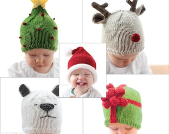 Save 20%! 5 Christmas Hat KNITTING PATTERNS / Christmas Hat Baby / Knit Hat Pattern / My First Christmas/Christmas Outfit/Knit Christmas Hat