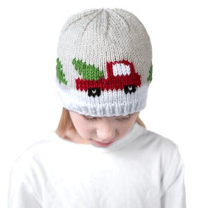 May include: A knitted hat with a Christmas theme. The hat is light gray with a white brim and features a red truck carrying a green Christmas tree. The text "Christmas Tree Truck Hat Knitting Pattern" is at the top.
