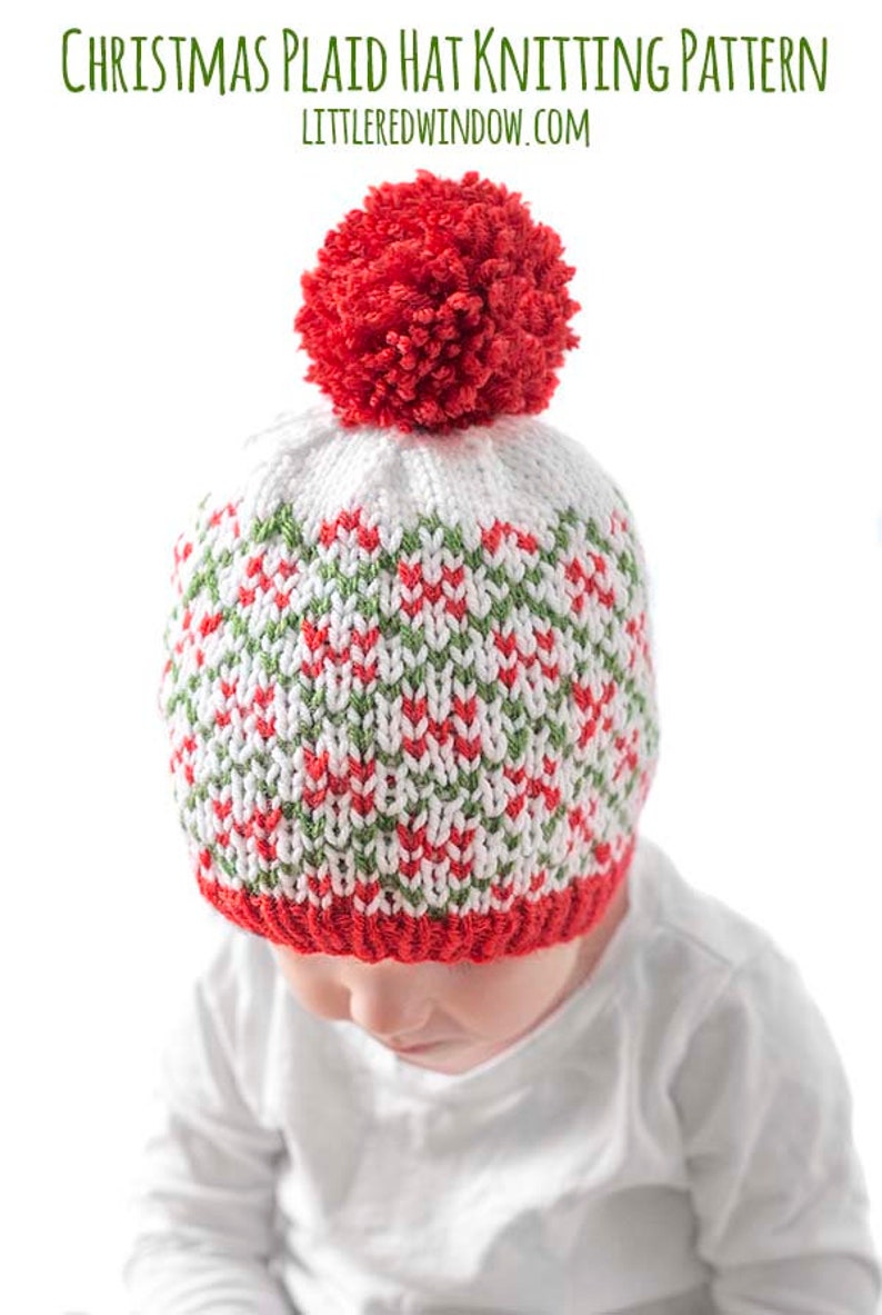 Christmas Plaid Hat KNITTING PATTERNS Save 33% / Plaid Hat Pattern/Christmas Hat Baby/Knit Hat Pattern/My First Christmas/Knit Christmas Hat image 2