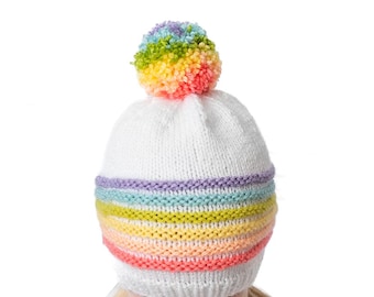 Rainbow  Pom Pom Hat KNITTING PATTERN: Baby to Adult (Pdf Pattern)