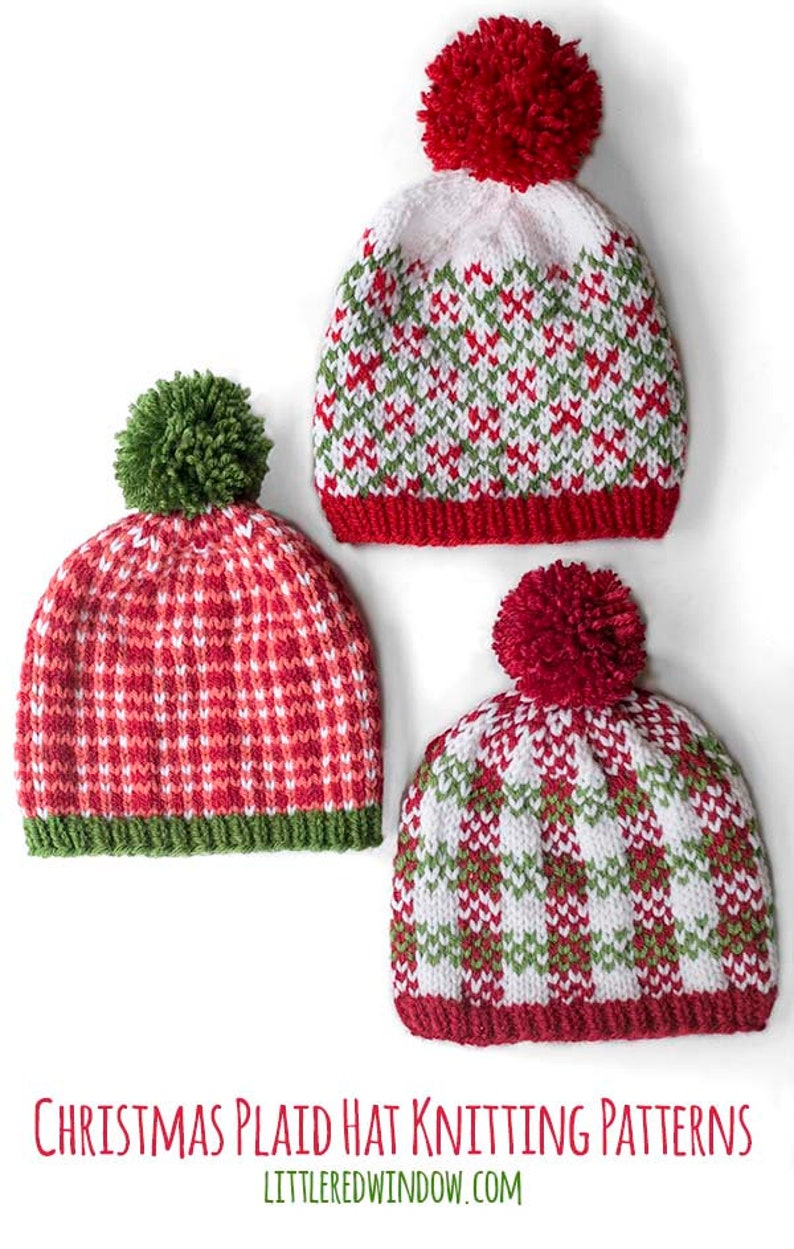Christmas Plaid Hat KNITTING PATTERNS Save 33% / Plaid Hat Pattern/Christmas Hat Baby/Knit Hat Pattern/My First Christmas/Knit Christmas Hat image 1