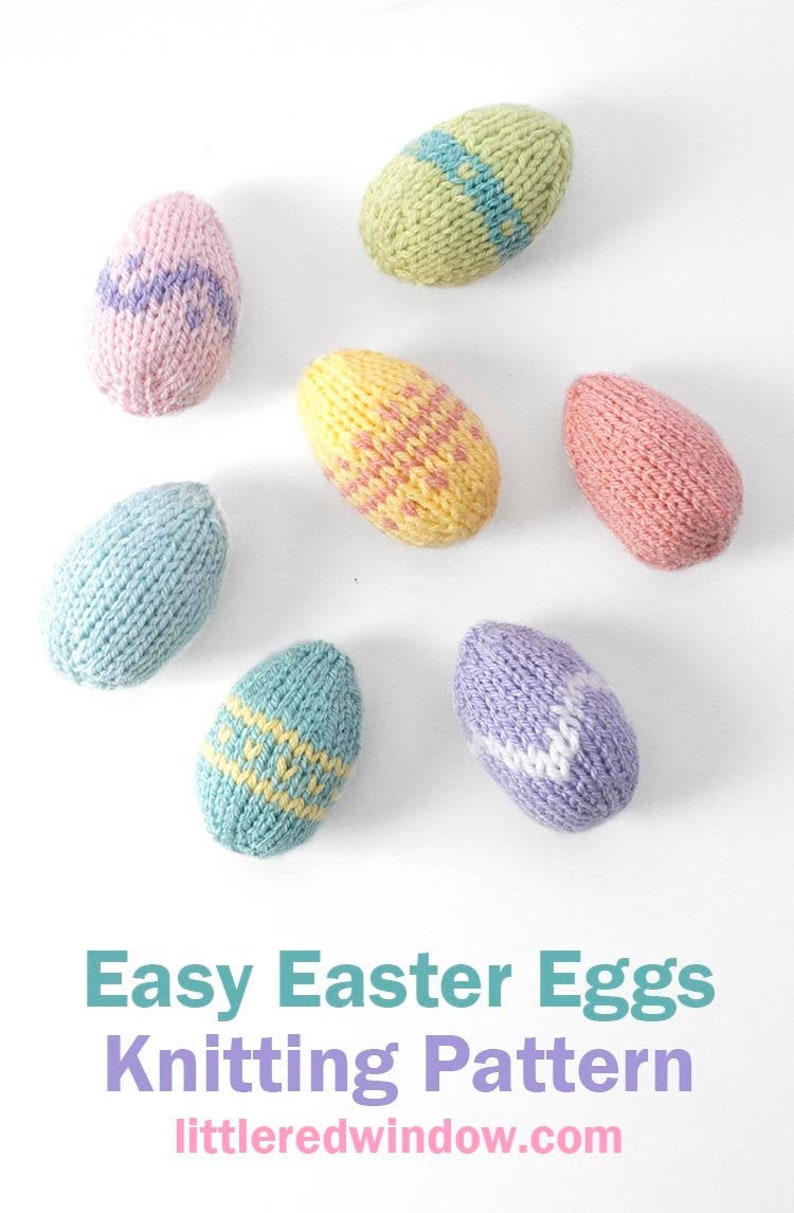 Seven knit Easter Eggs in pastel colors of pink lavender light blue yellow and light green with different stripe patterns arranged in a circle on a white background