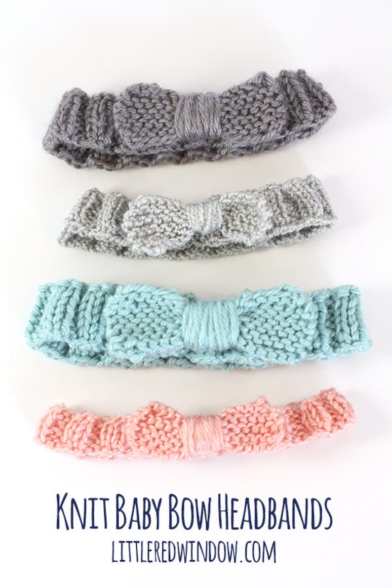 four different knit baby bow headbands on a  white background lined up in a row in the colors light pink light teal light gray and dusty medium purple