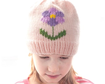 Pretty Purple Flower Hat KNITTING PATTERN with Duplicate Stitch / PDF Download