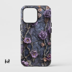 May include: Purple and white flowers with gold vines on a dark blue background. This design is printed on a phone case.