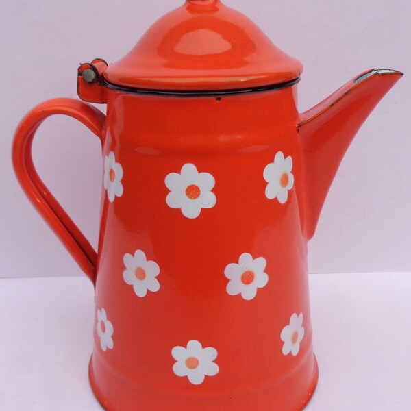Vintage Orange Enamel Coffee Pot Made In Yugoslavia, Retro Teapot, Enamel Teapot