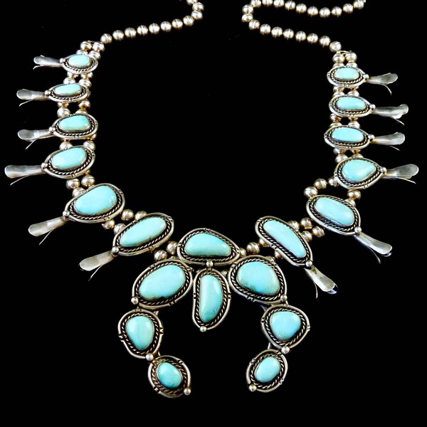 LAYAWAY PAYMENT 4 Donna; Do Not Buy! 277g Vintage Navajo Sterling Silver Squash Blossom w Dreamy Royston Turquoise! Long and Slinky!