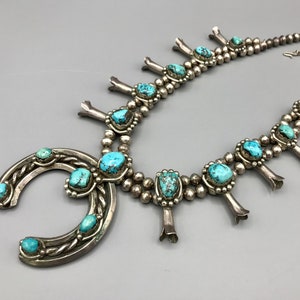 Grand Vintage Native American Navajo Morenci Turquoise Sterling Silver Squash Blossom Necklace Grand Vintage Native American Navajo Morenci Turquoise Sterling Silver Squash Blossom Necklace