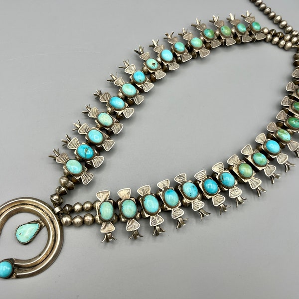 LAYAWAY PAYMENT! Do Not Buy! 1940's Vintage Navajo Sterling Silver Box Bow Squash Blossom Necklace w 33 DREAMY Royston Turquoise! 201g!