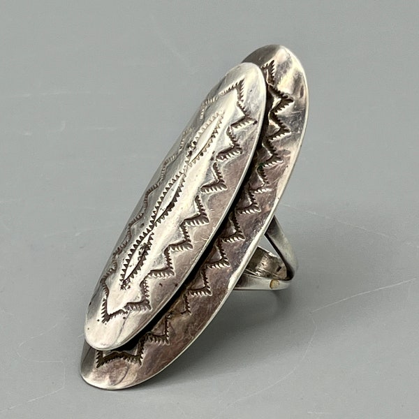 Size 8 Vintage Navajo Sterling Silver Double-Decker Oblong Ring w FANTASTIC Stampings! 10g of Knuckle-to-Knuckle Beauty!