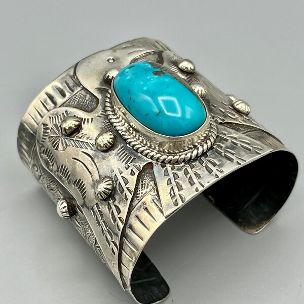 105g Vintage Navajo Sterling Silver Thunderbird Cuff Bracelet w Big, Thick Kingman Turquoise and Classic Tribal Stampings!