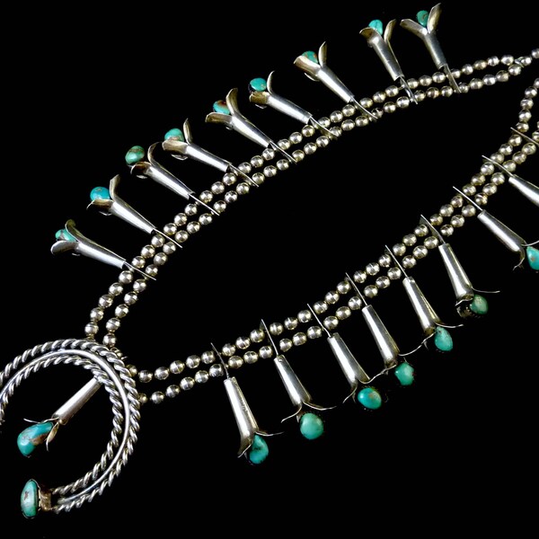 188g Vintage Navajo Sterling Silver Squash Blossom Necklace w Bright Royston Turquoise Stones! Beautiful Colors Amid Terrific Silver Work!